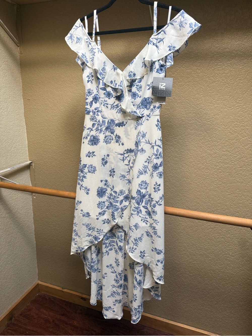 Iz Byer Blue Floral High-Low Wrap Dress